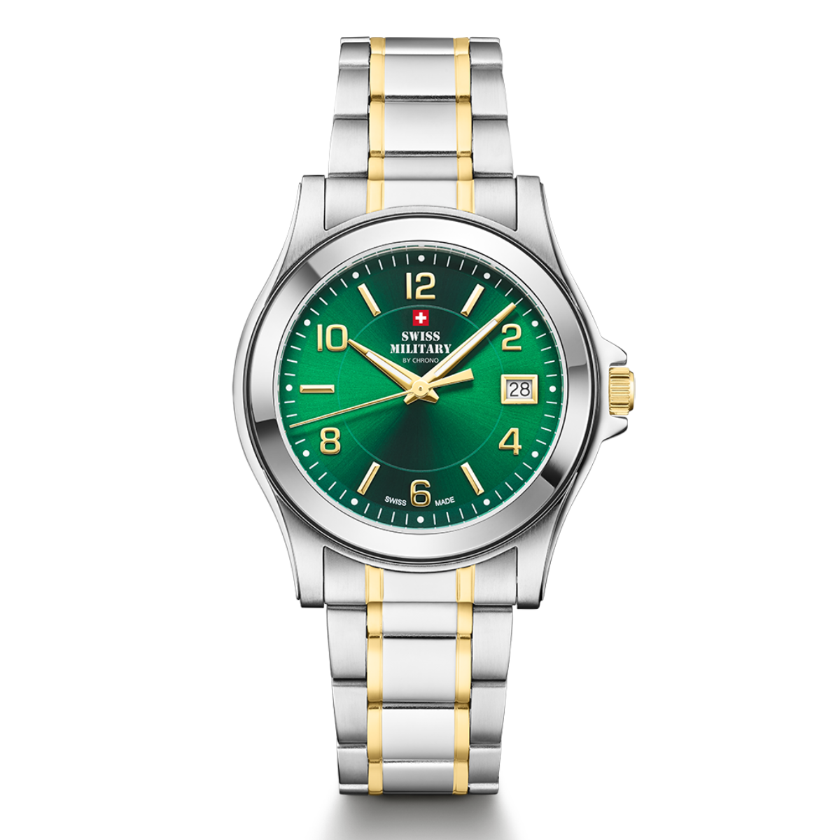 SWISS MILITARY Men's Watch SM34002.28 Swiss Made Luxury Watch, Yellow Gold Fashion Watch Green Dial Sports Watch Accurate Quartz Movement.